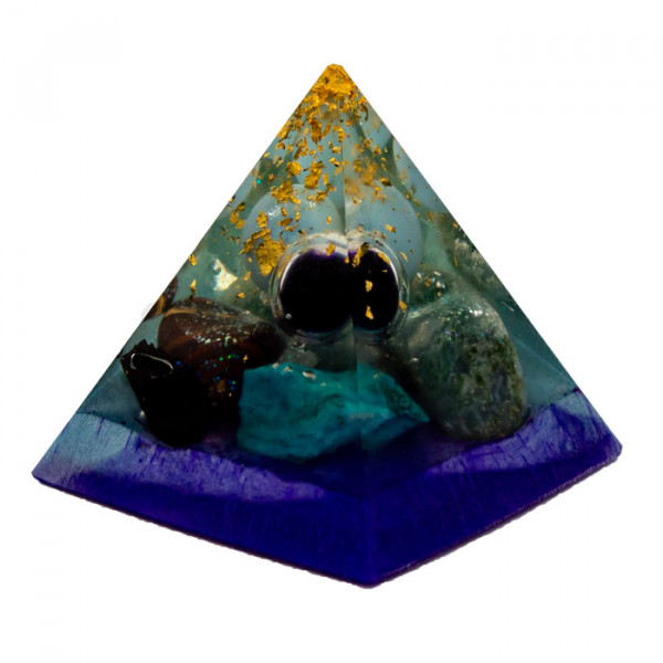 Yamsaro Organ-Pyramide | Blase | Chrysokol, Moosachat, Turmalin, Schwarz, Tigereisen, Gold